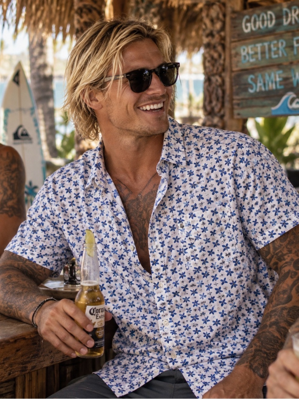 Quiksilver White Short-Sleeve Button-Down with Blue Floral Print